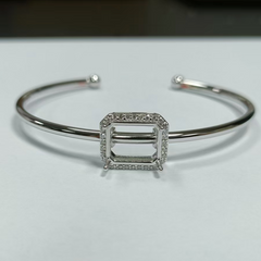 Sterling Silver Semi Mount Bangle Bracelet Setting Emerald OCT 12x10mm Halo with CVD Diamond