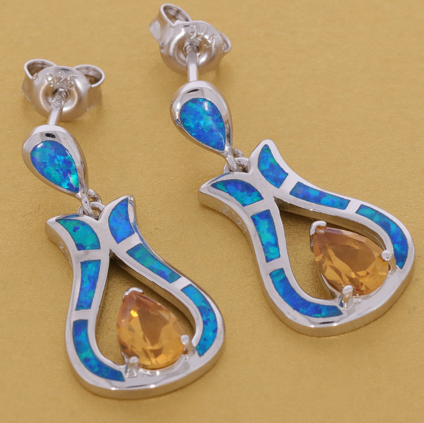 Yellow Citrine Sterling Silver Earrings with Opal Accent