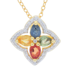 Multiple color sapphire pendant in gold setting, featuring pear-shaped gemstones and sparkling accents.