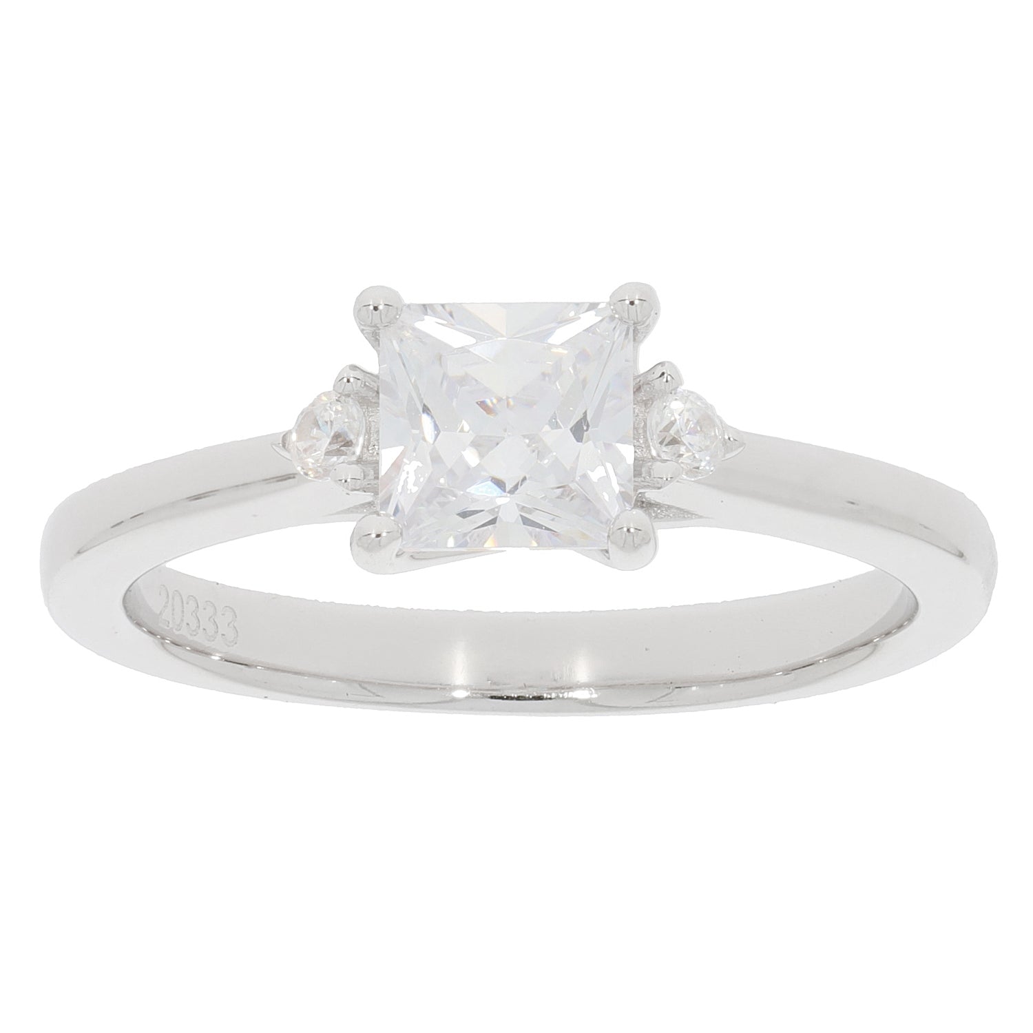 Elegant white Moissanite sterling silver ring with accent stones, featuring a beautiful princess cut gemstone.