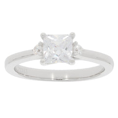 Elegant white Moissanite sterling silver ring with accent stones, featuring a beautiful princess cut gemstone.