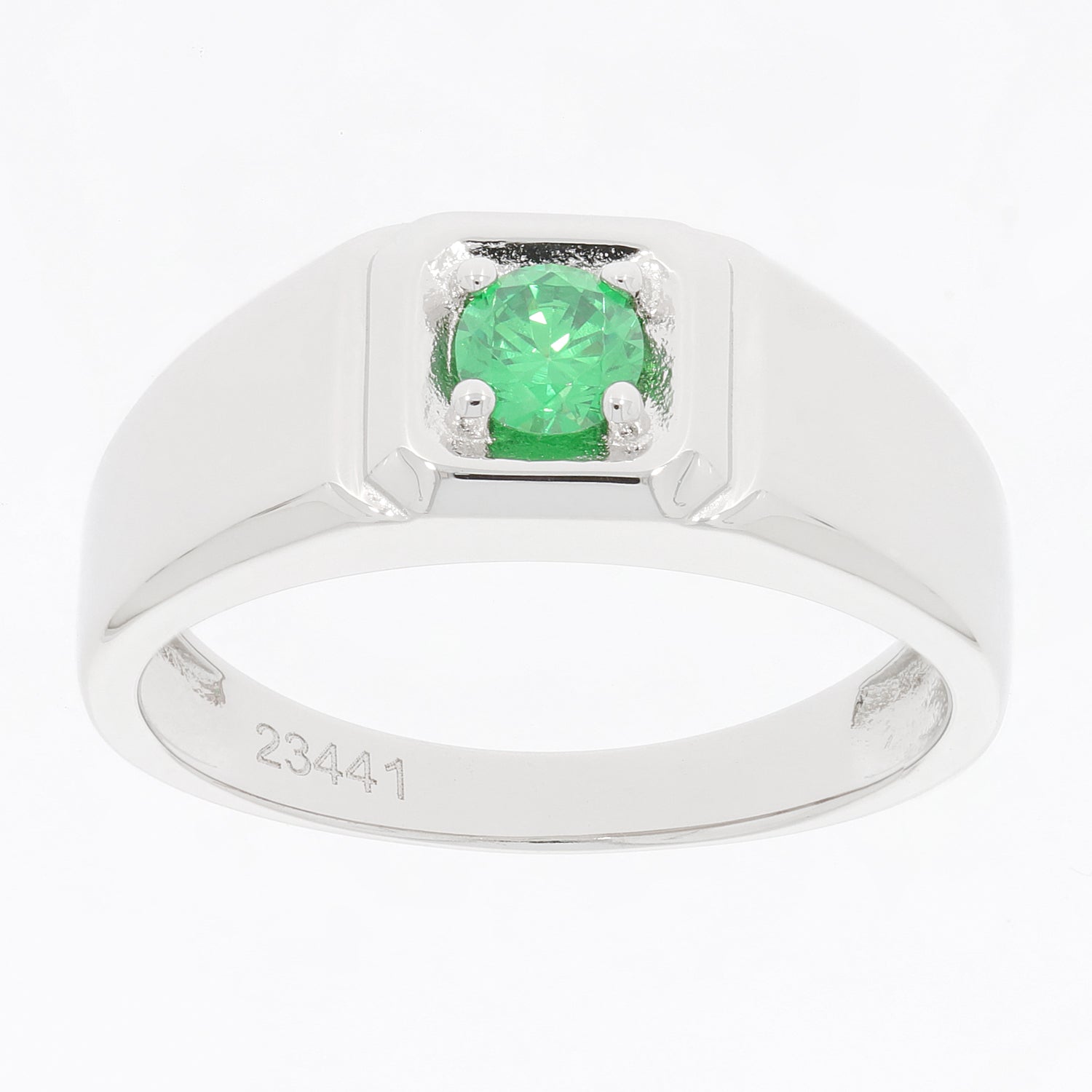 Round green emerald sterling silver ring with elegant design, showcasing a sparkling gemstone in a modern setting.