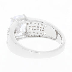 Elegant sterling silver ring featuring a stunning white Moissanite gemstone from the side view.