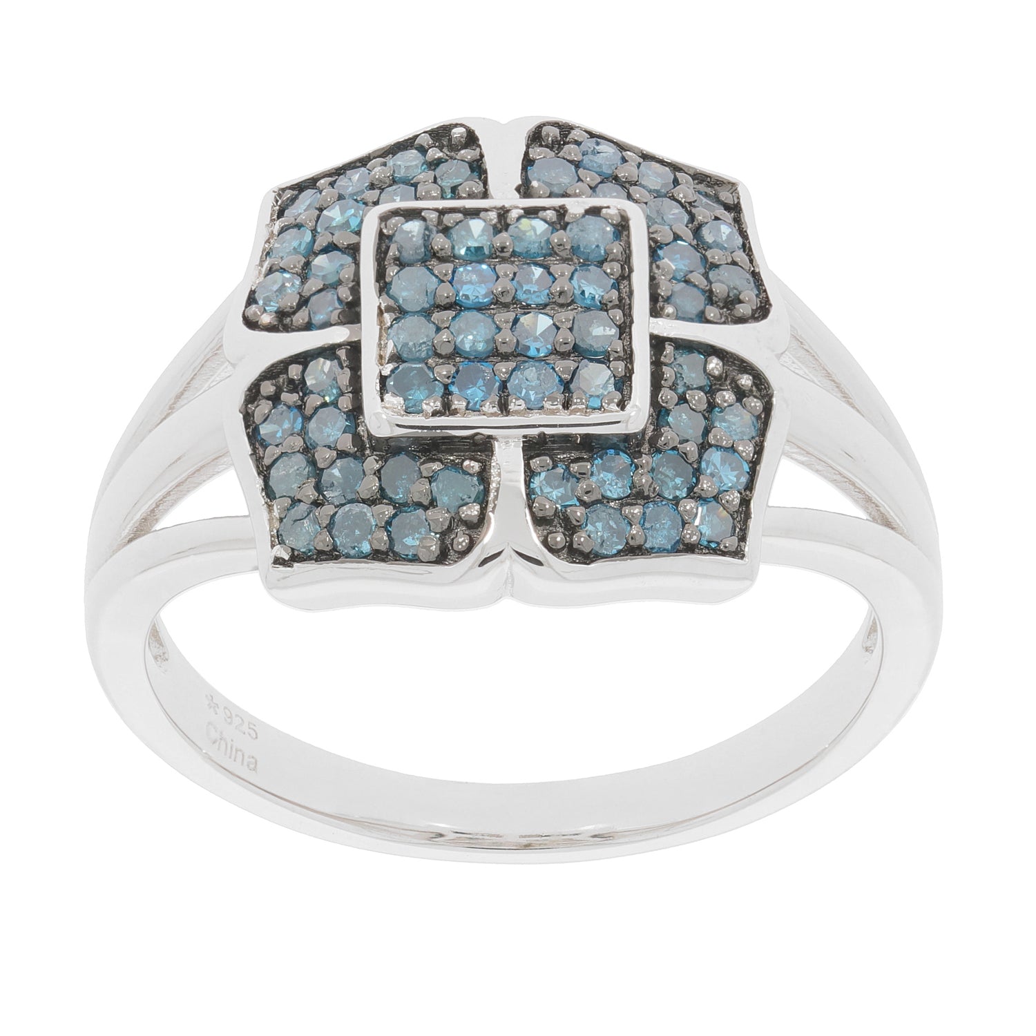 Blue diamond sterling silver ring with accent stones, showcasing a stunning floral design and elegance.