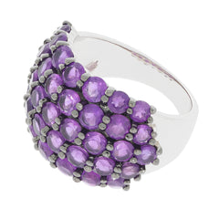 Sterling silver ring with round purple amethyst gemstones, showcasing a luxurious and elegant design.