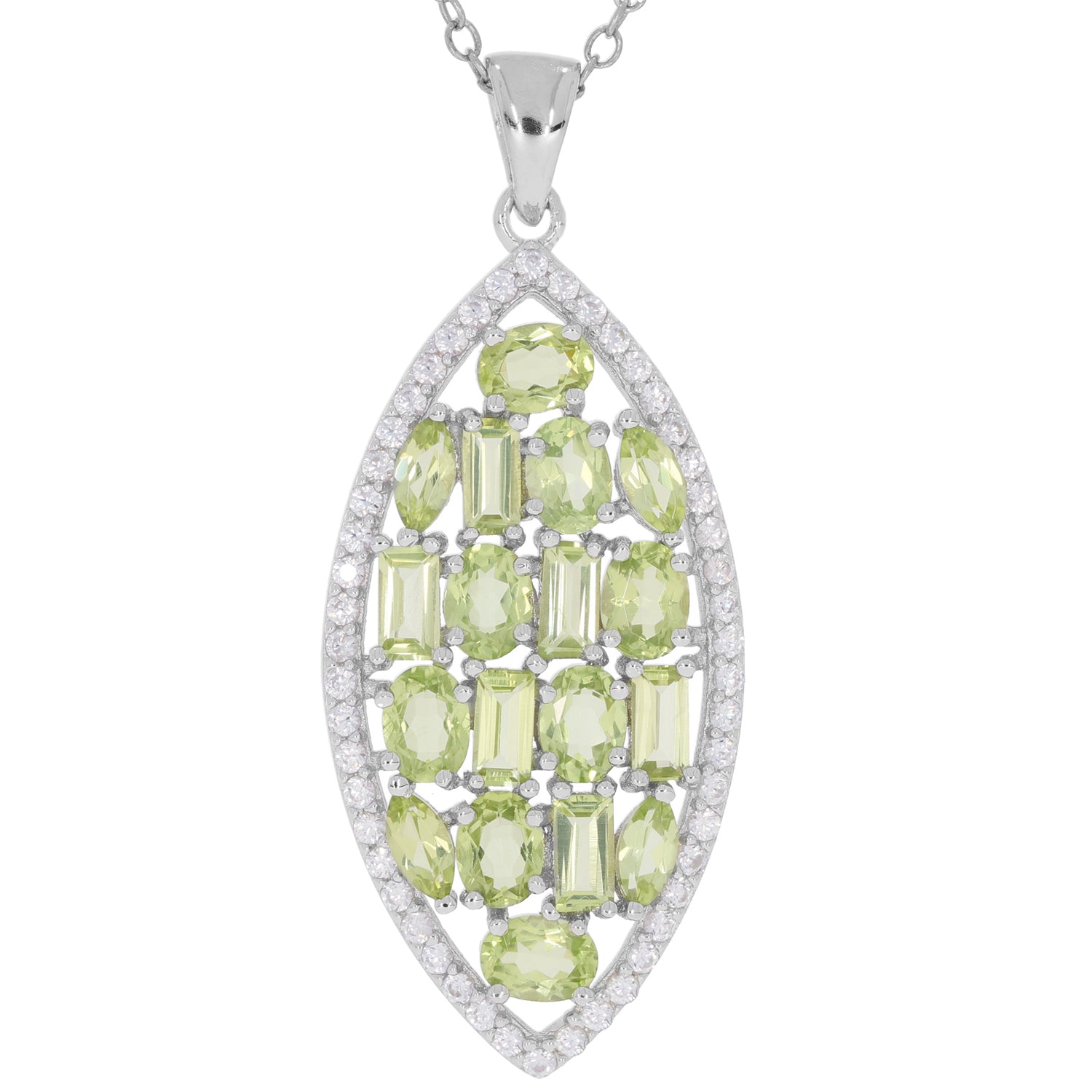 Green Peridot Sterling Silver Pendant with Diamond Accents showcasing elegant design and luxurious gemstone arrangement.