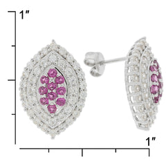 Elegant silver earrings with pink gemstones and intricate detailing, measuring 1 inch.