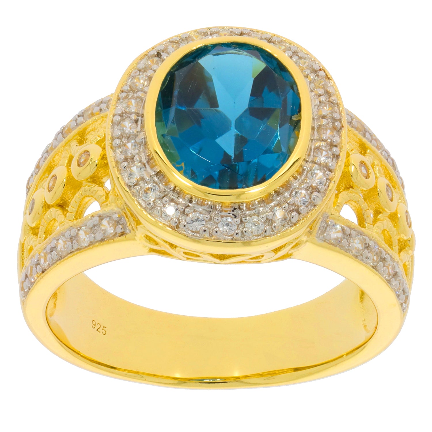 Elegant gold ring featuring a large oval blue topaz stone surrounded by sparkling diamonds, perfect for special occasions.