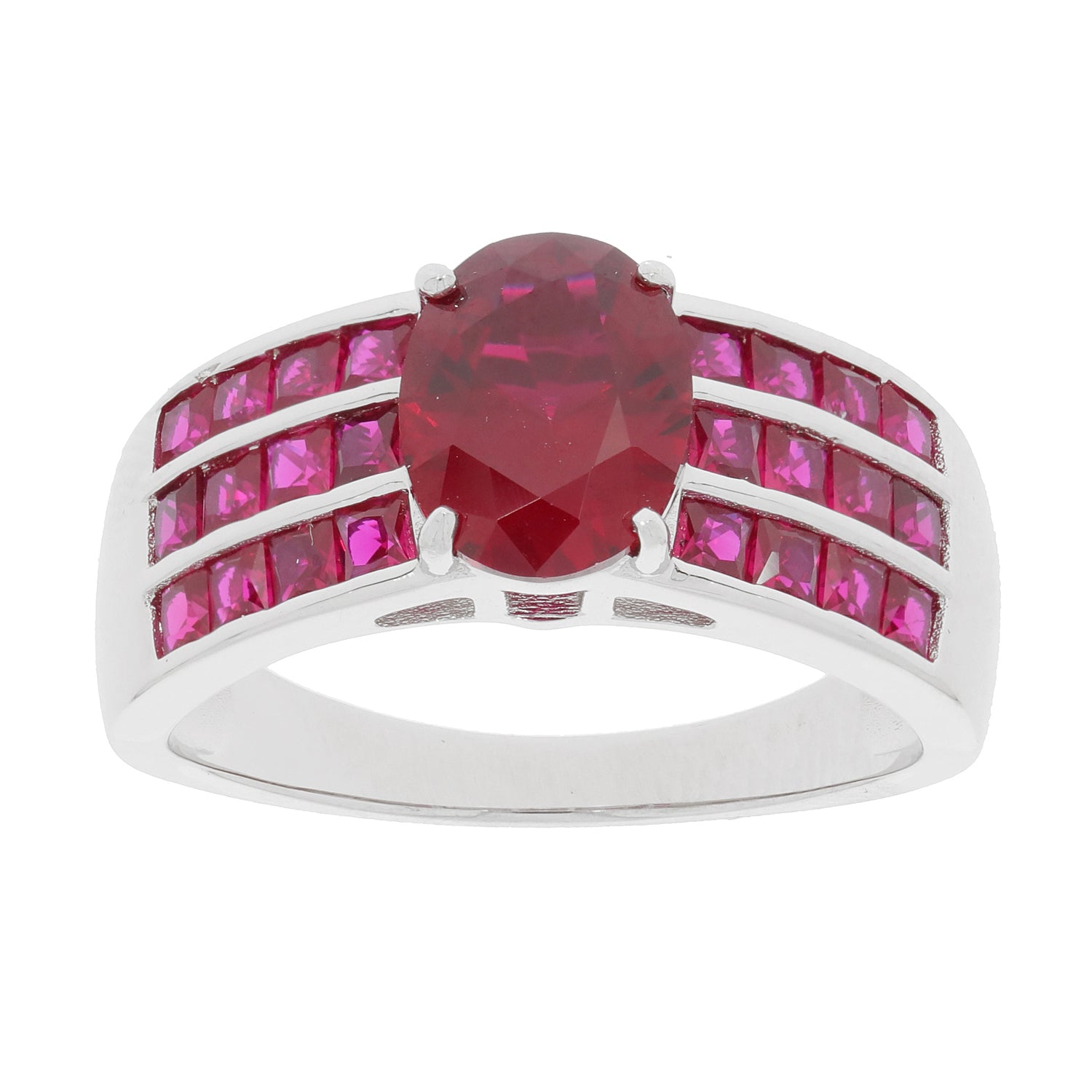 Oval red ruby sterling silver ring with ruby accent, featuring a central gemstone and dazzling side accents.