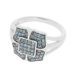 Blue diamond sterling silver ring with sparkling accents in floral design, luxury jewelry piece for elegance.