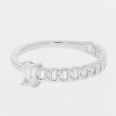 Emerald White Moissanite Sterling Silver Ring featuring a chain design and sparkling gemstone accent.