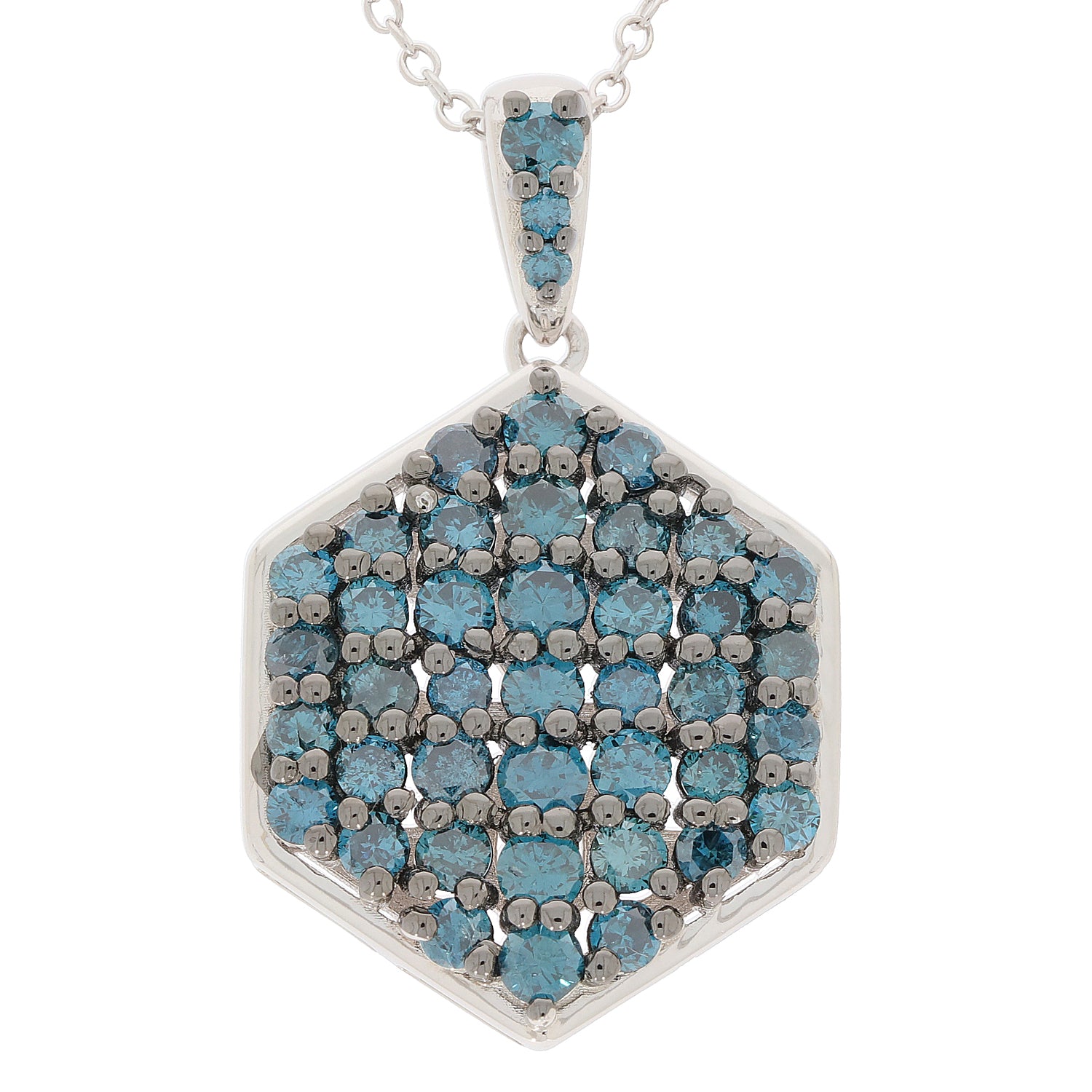 Blue diamond sterling silver pendant in hexagon shape with sparkling gemstones, elegant jewelry piece for any collection.