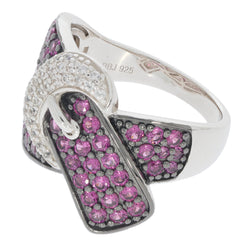 Elegant sterling silver ring with pink sapphire accents and sparkling detail for a touch of luxury.