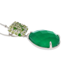 Pear green jadeite pendant in sterling silver with accent gemstones, showcasing elegance and luxury.