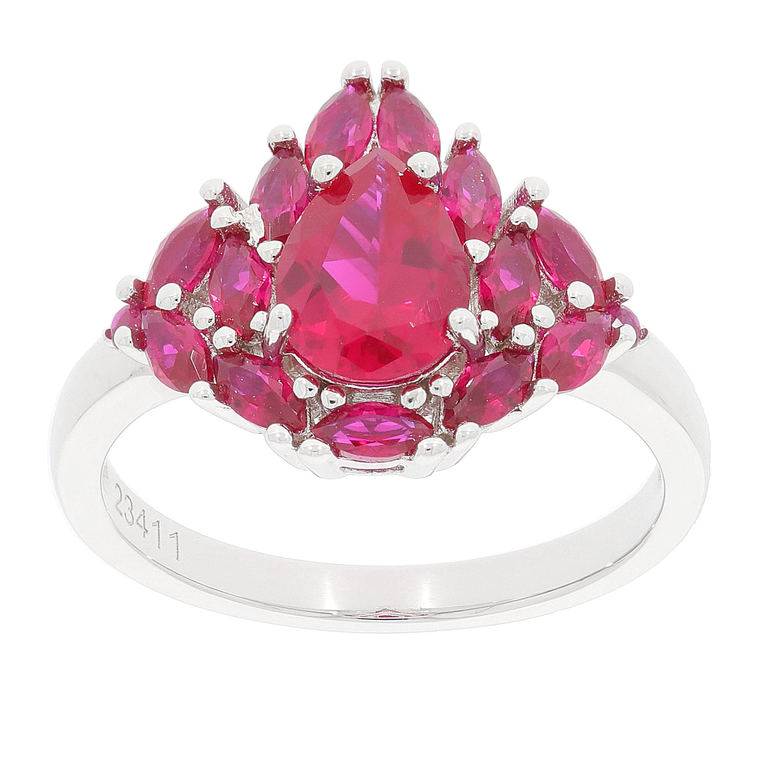 Pear red ruby sterling silver ring with sparkling ruby accents, perfect for an elegant jewelry collection.