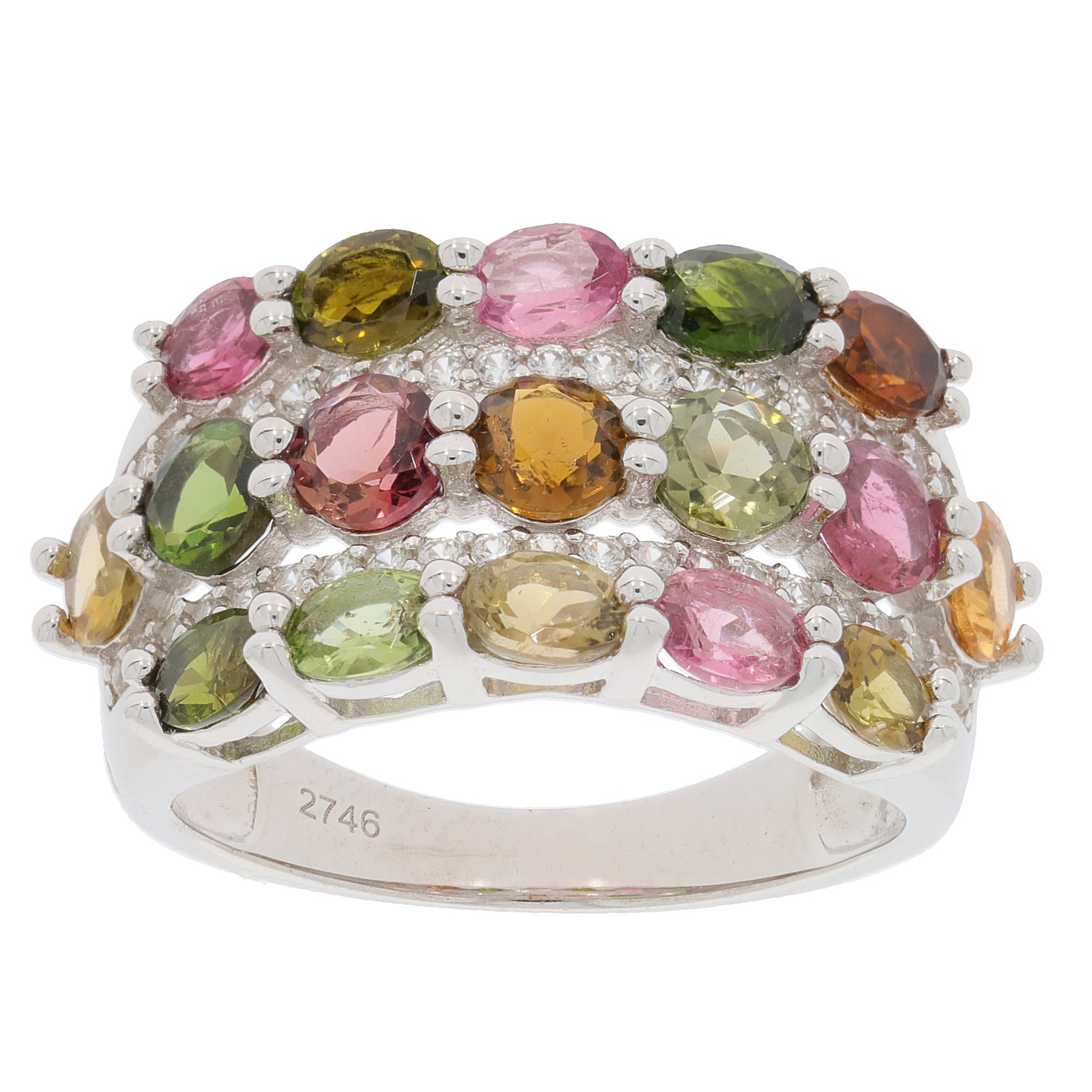 Multiple color tourmaline sterling silver ring featuring an elegant oval design and sparkling gemstone accents.