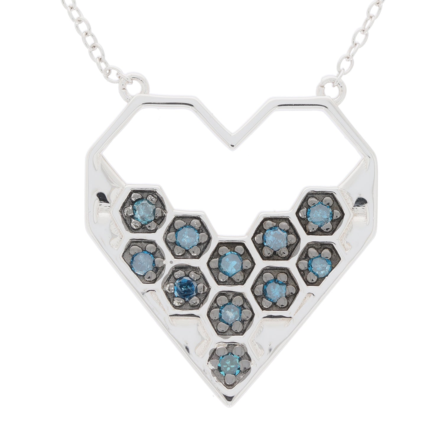Blue diamond sterling silver heart necklace with sparkling gemstones, perfect for elegant style and luxury.
