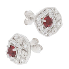 Round red garnet sterling silver earrings with moissanite accents, showcasing elegant design and luxury.