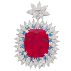 Cushion red ruby sterling silver pendant with accent stones, featuring a stunning floral design and sparkling gemstones.