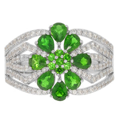 Elegant Pear Green Chrome Diopside sterling silver ring featuring sparkling gemstone accents.