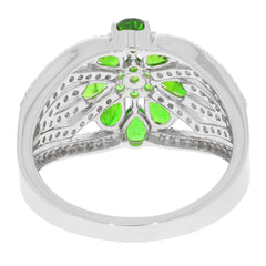 Sterling silver ring featuring pear green chrome diopside gemstones and intricate design on the underside.