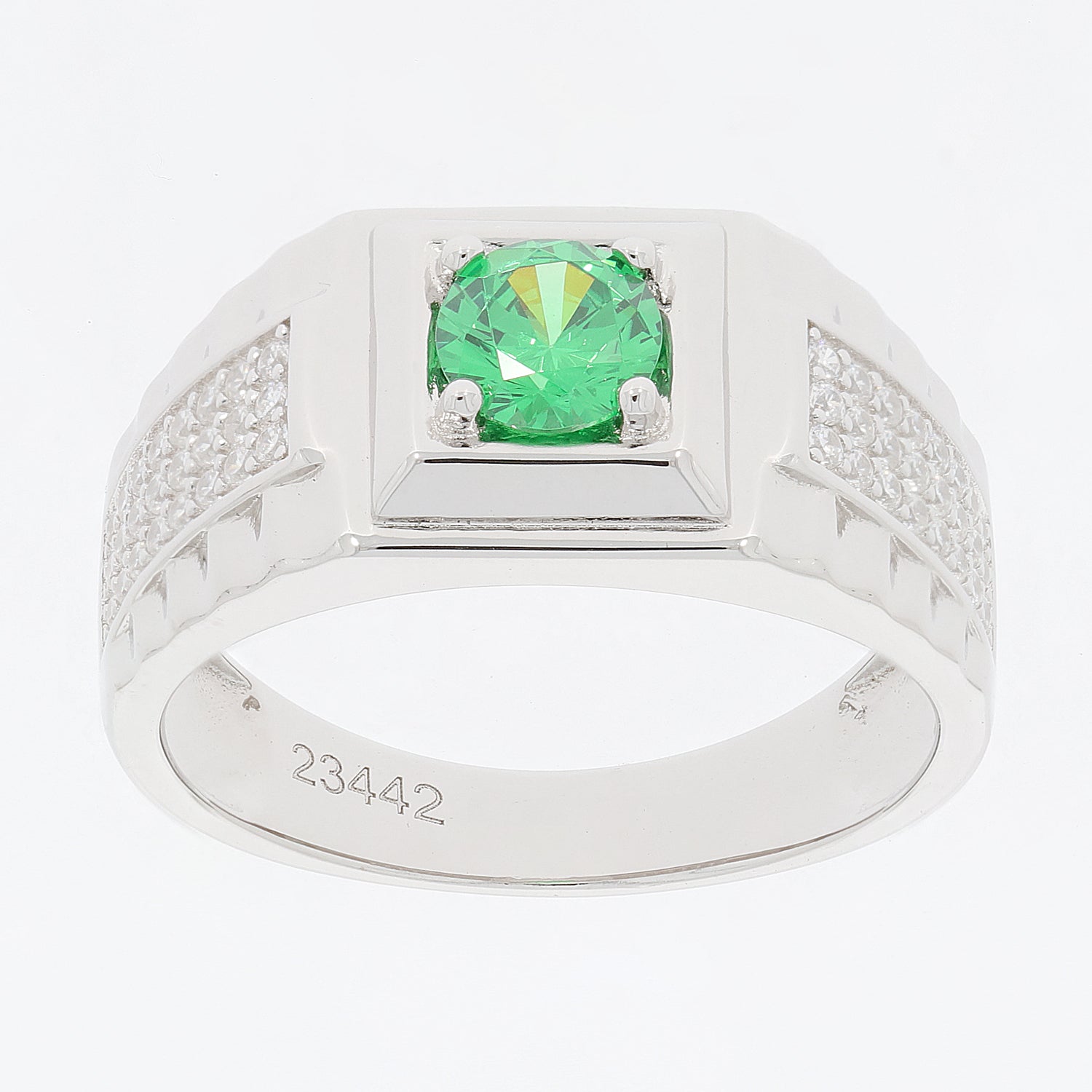 Round green emerald sterling silver ring with sparkling Moissanite accents, perfect for elegant style.