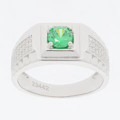 Round green emerald sterling silver ring with sparkling Moissanite accents, perfect for elegant style.