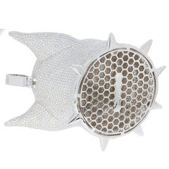 White diamond-studded ring with a unique spiked cup design and honeycomb detail, perfect for a statement piece.