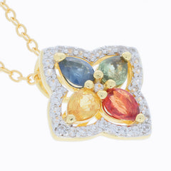 Elegant multiple color sapphire pendant with sparkling accents in gold setting, perfect for sophisticated style.