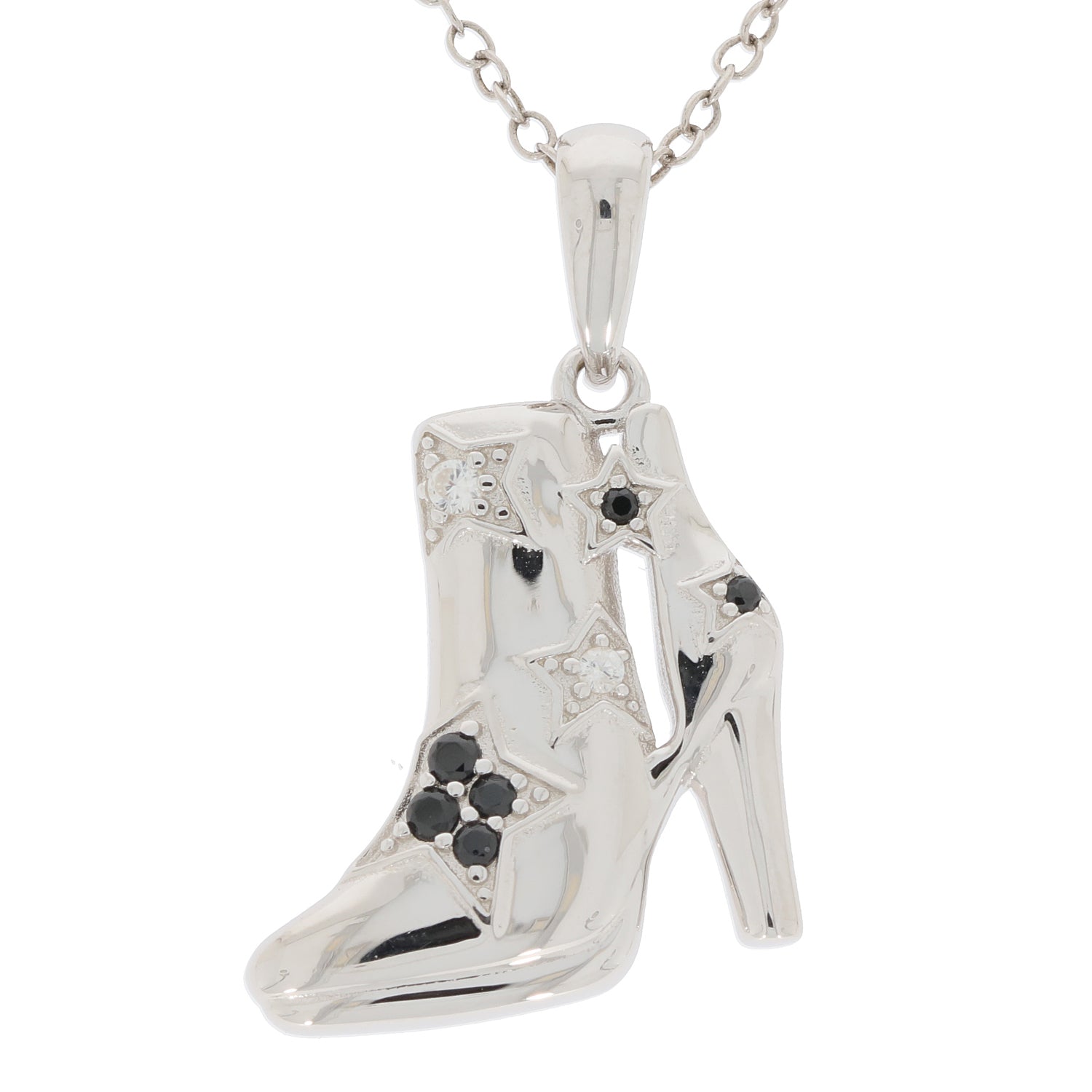 Stylish silver pendant in the shape of a high-heeled boot, adorned with black diamonds and sparkling accents.