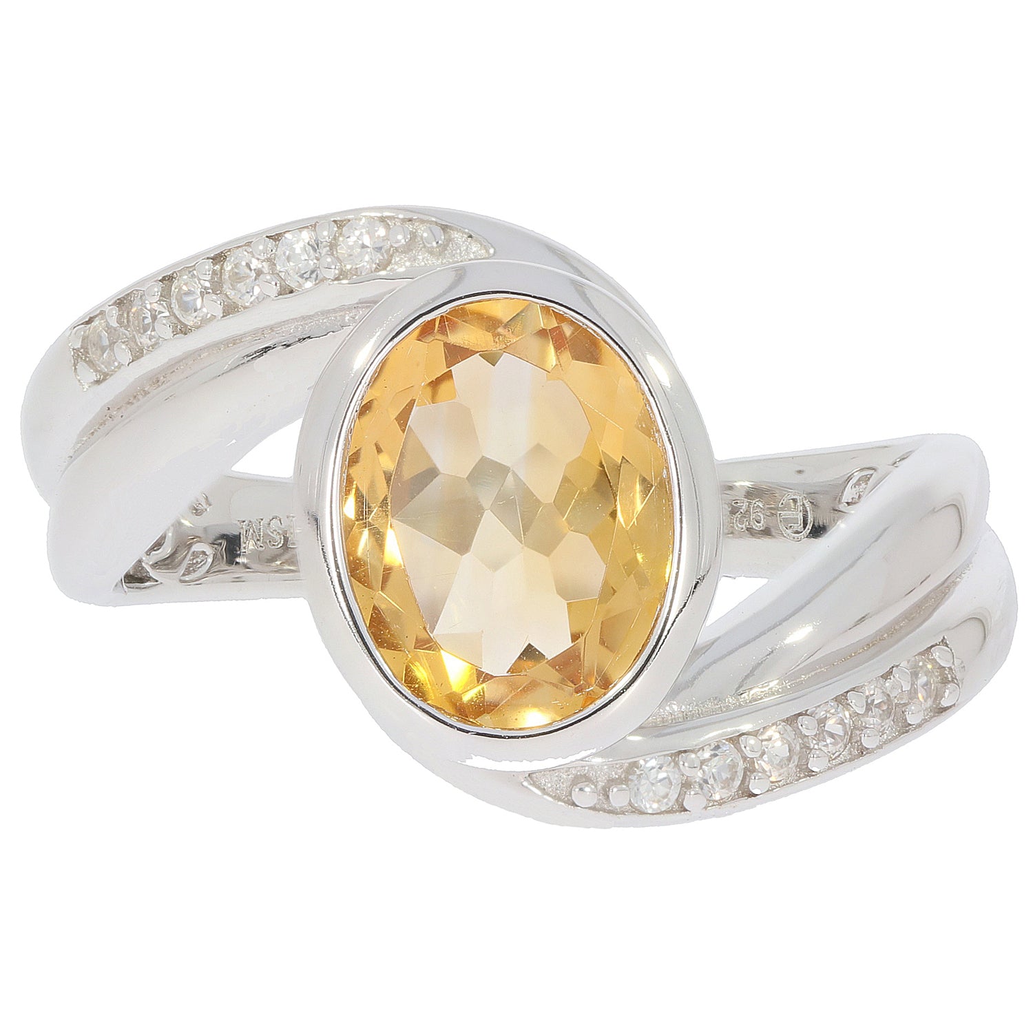 Elegant oval yellow citrine sterling silver ring with moissanite accents, perfect for sophisticated style.