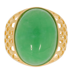 Oval green jadeite ring with intricate gold band, showcasing classic elegance and luxury.