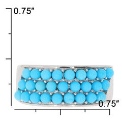 Round blue turquoise sterling silver ring with three rows of vibrant gemstones, measuring 0.75 inches.