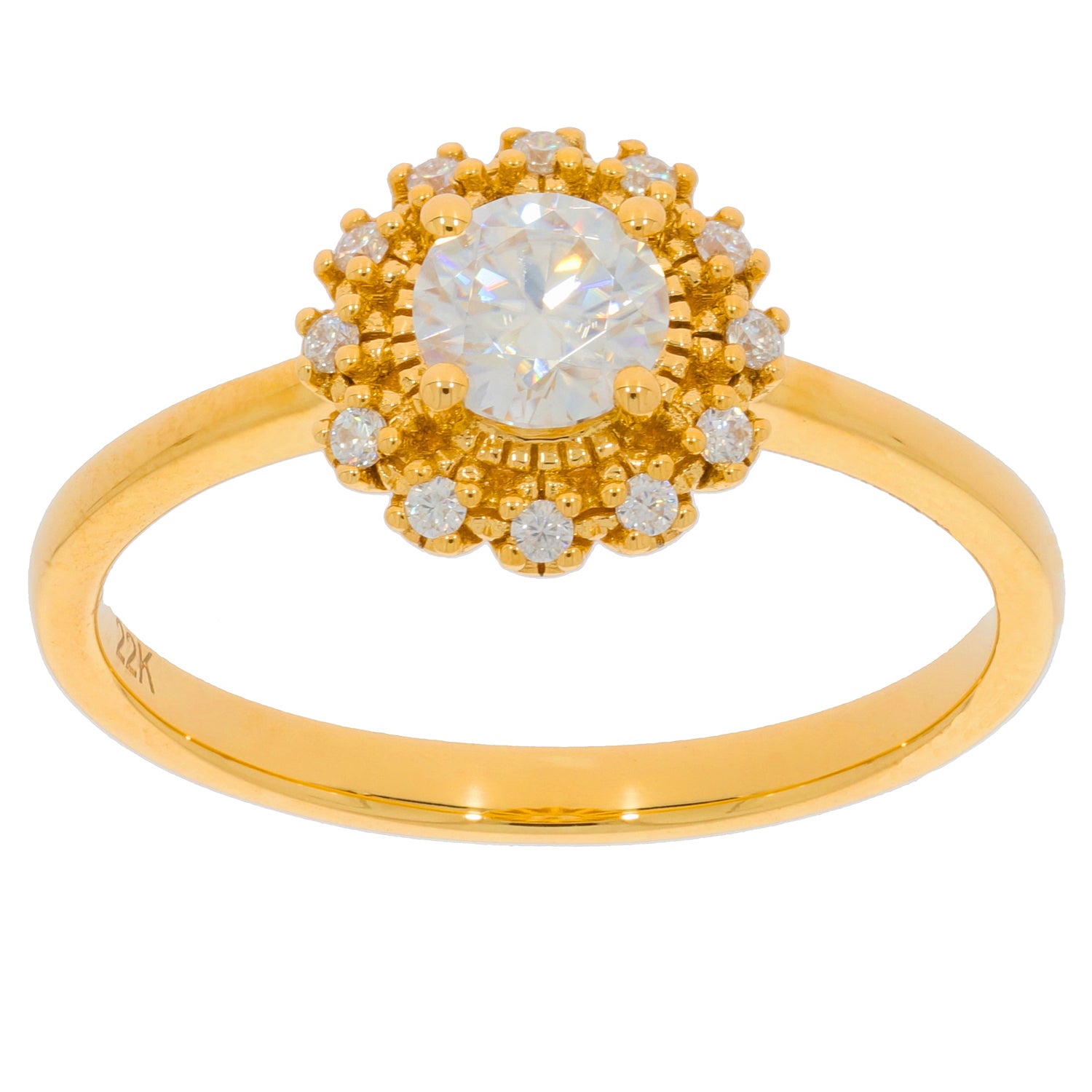 Round white diamond ring in 14K yellow gold, featuring a center diamond and sparkling accent stones.