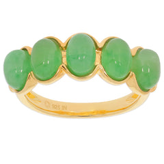 Green jade sterling silver ring with five oval gemstones in a stylish gold-toned setting, perfect for elegant jewelry collections.