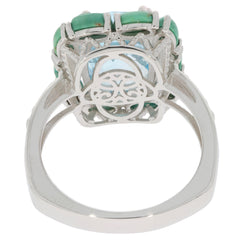 Back view of Cushion Blue Topaz Sterling Silver Ring showcasing intricate design and sparkling gemstones.