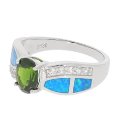 Green Chrome Diopside sterling silver ring with opal accents and sparkling gemstones, perfect for elegant style.