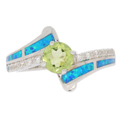 Green Peridot sterling silver ring with diamond accent and opal inlay, showcasing elegance and luxury.