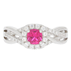 Elegant pink sapphire sterling silver ring with diamond accents, perfect for adding luxury to any jewelry collection.