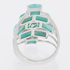 Back view of an elegant Emerald Blue Turquoise Sterling Silver Ring showcasing intricate inlay design.