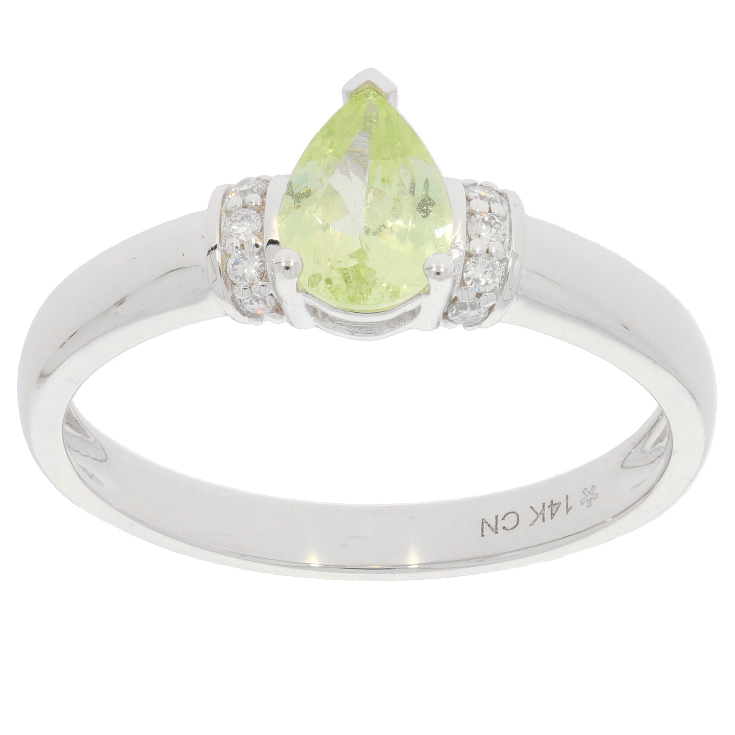 Green Peridot pear-shaped 14K white gold ring with diamond accents, elegant jewelry piece for sophisticated collections.