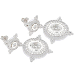 Elegant oval white moissanite sterling silver earrings showcasing stunning brilliance and intricate detailing.