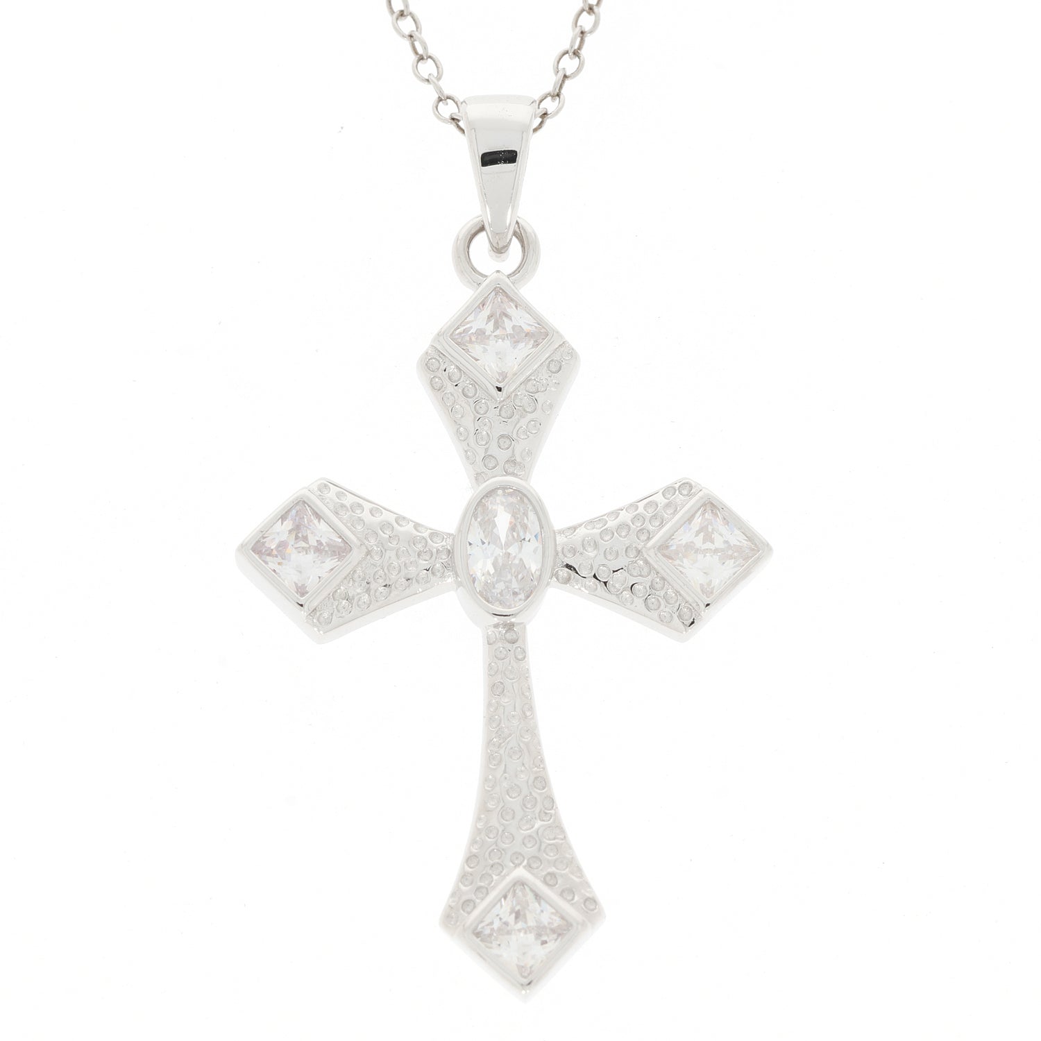 Elegant sterling silver cross pendant featuring white moissanite gemstones, perfect for a sophisticated look.