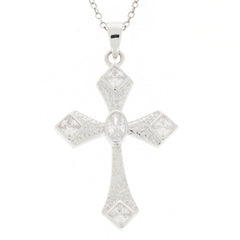 Elegant sterling silver cross pendant featuring white moissanite gemstones, perfect for a sophisticated look.