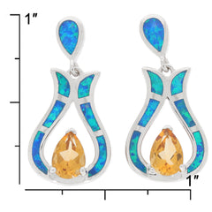 Yellow citrine sterling silver earrings with opal accent, elegant design showcasing pear-cut stones.