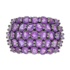 Round pink amethyst sterling silver ring with sparkling gemstones, showcasing elegant craftsmanship and luxury.