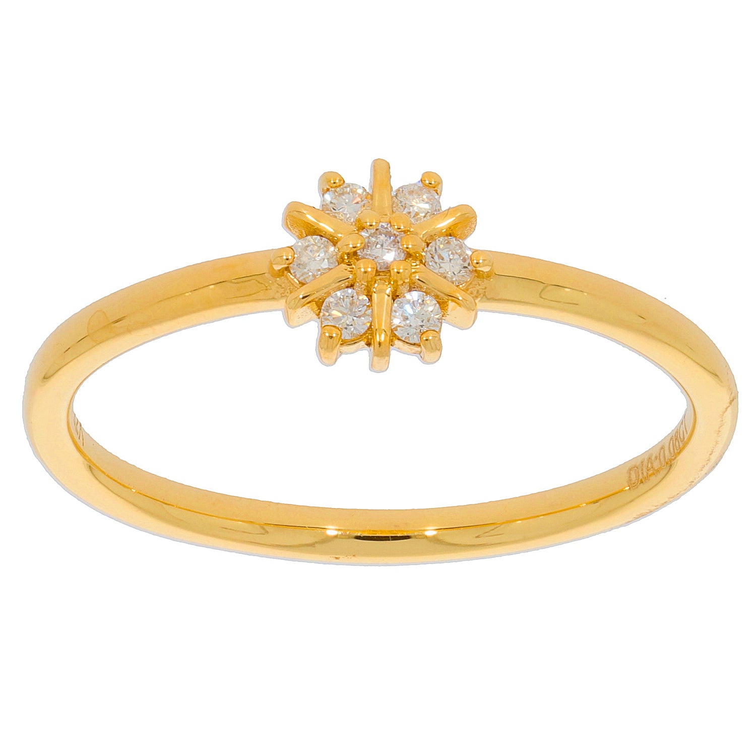 Gold ring featuring a starburst design with multiple sparkling diamonds at the center, radiating elegance.