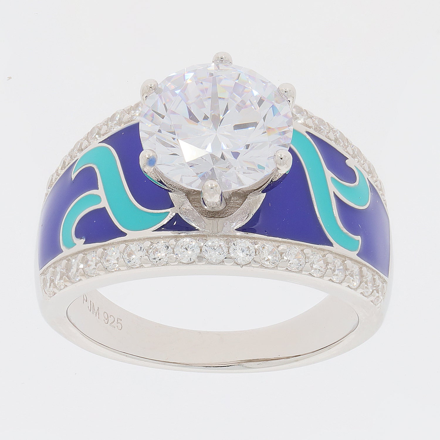 White Moissanite sterling silver ring with colorful enamel accents and a large sparkling gemstone.