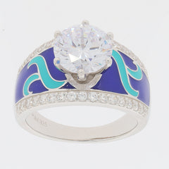 White Moissanite sterling silver ring with colorful enamel accents and a large sparkling gemstone.