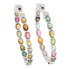 Colorful gemstone hoop earrings in sterling silver, featuring a variety of vibrant oval stones in a stunning design.